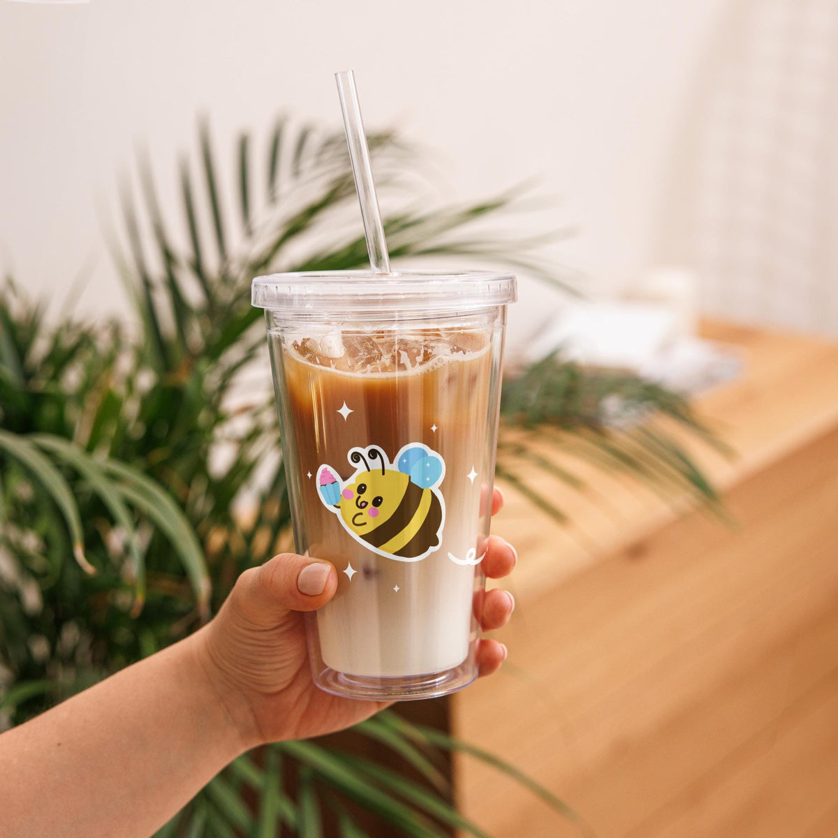 Hand Drawn Bee Tumbler | 16 oz Insulated Iced Coffee Cup with Straw
