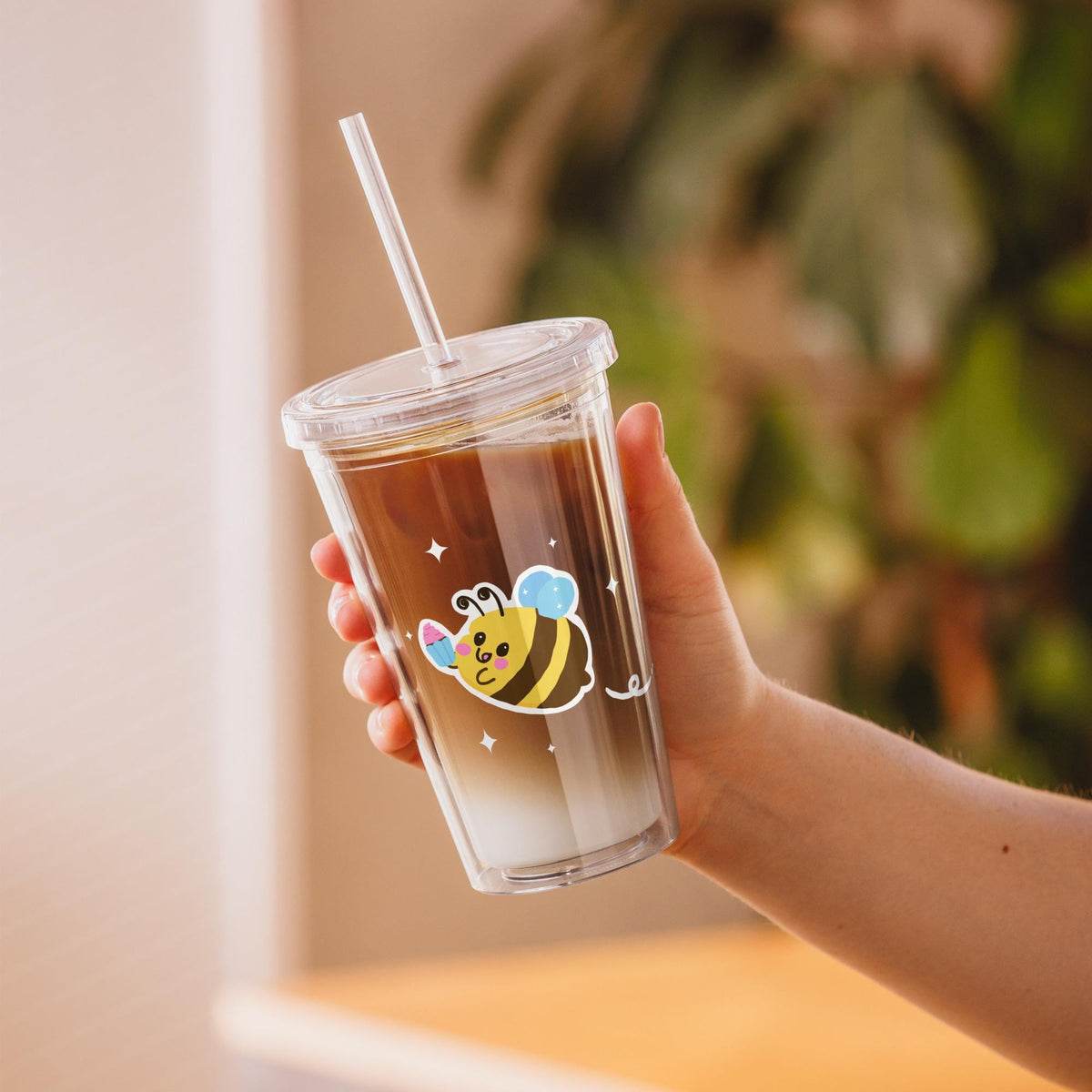 Hand Drawn Bee Tumbler | 16 oz Insulated Iced Coffee Cup with Straw