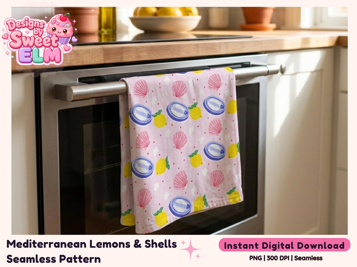 Mediterranean Lemons & Shells Seamless Pattern