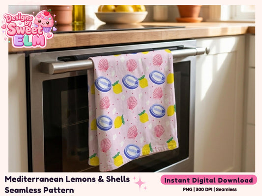 Mediterranean Lemons & Shells Seamless Pattern