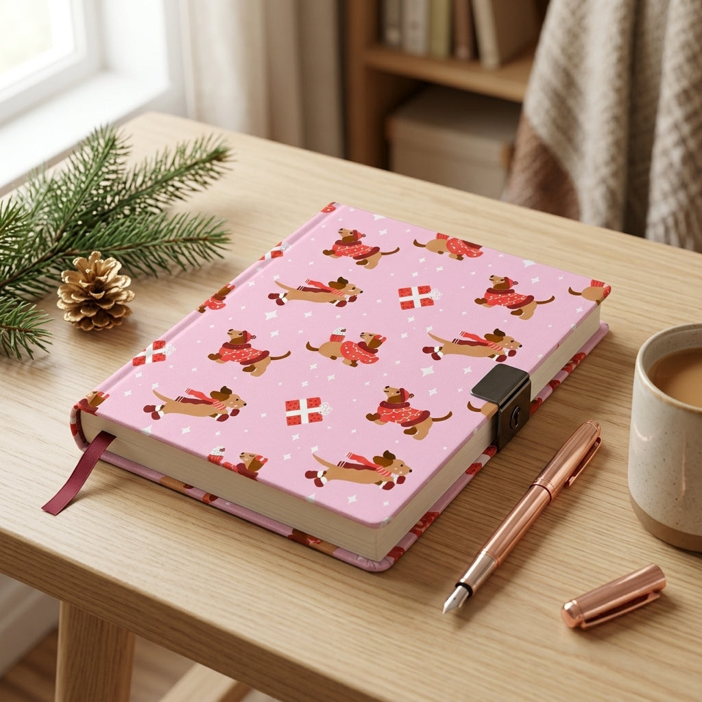 Hardcover notebook featuring pink winter dachshund pattern on a wooden desk with pine cone accents