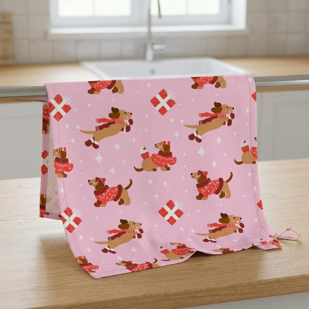 A pink kitchen towel draped over a metal kitchen sink bar, featuring a repeating pattern of brown dachshund dogs in red sweaters and scarves, red gift boxes, and white stars.