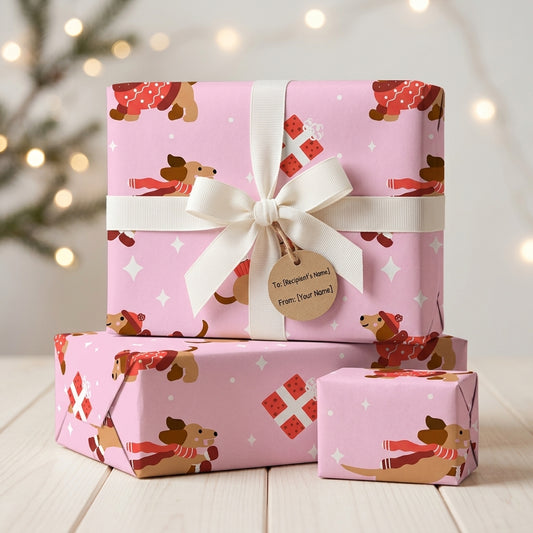 Pink holiday wrapping paper featuring running dachshunds in red scarves wrapped around Christmas presents