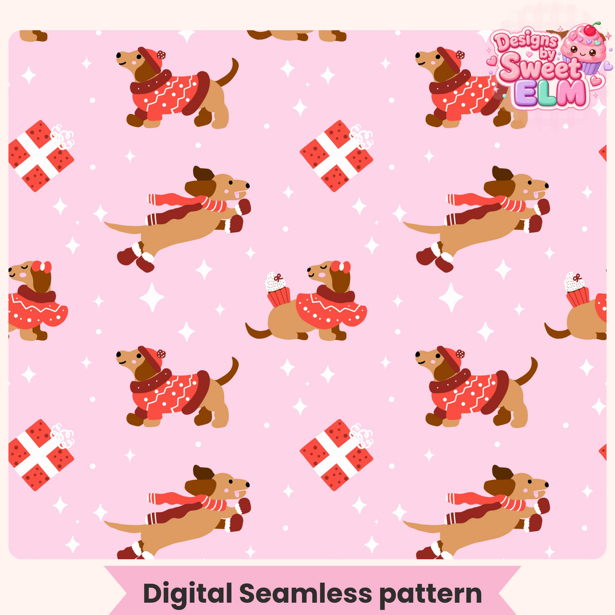 Pink Christmas dachshund seamless pattern tile featuring dachshunds in winter sweaters and gifts